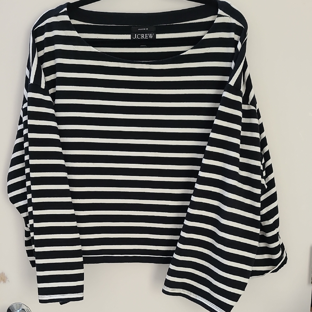 J Crew Black and White Striped Boatneck Tee
